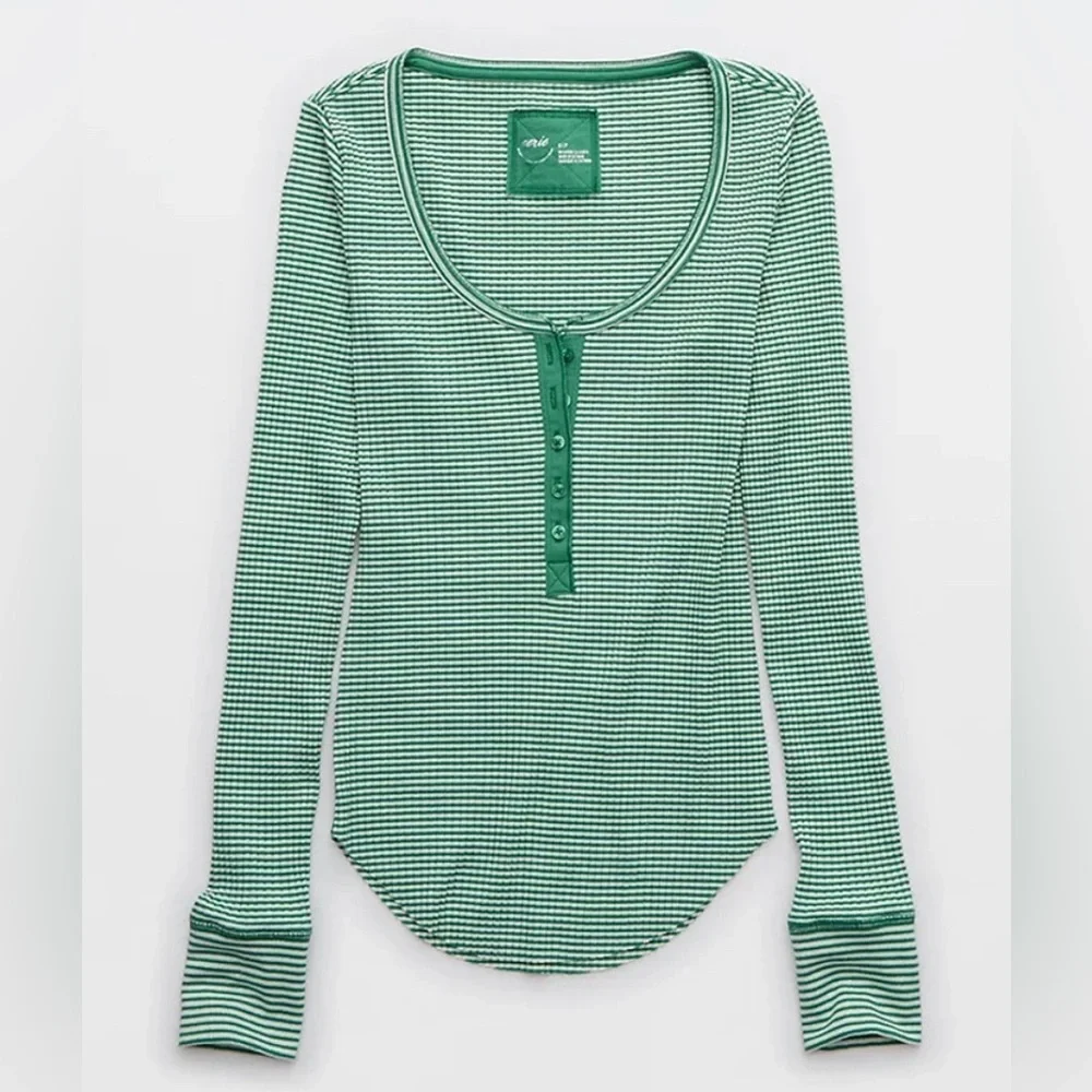 Aerie long sleeve fitted henley t-shirt size XS color green/white NWT - Picture 1 of 5